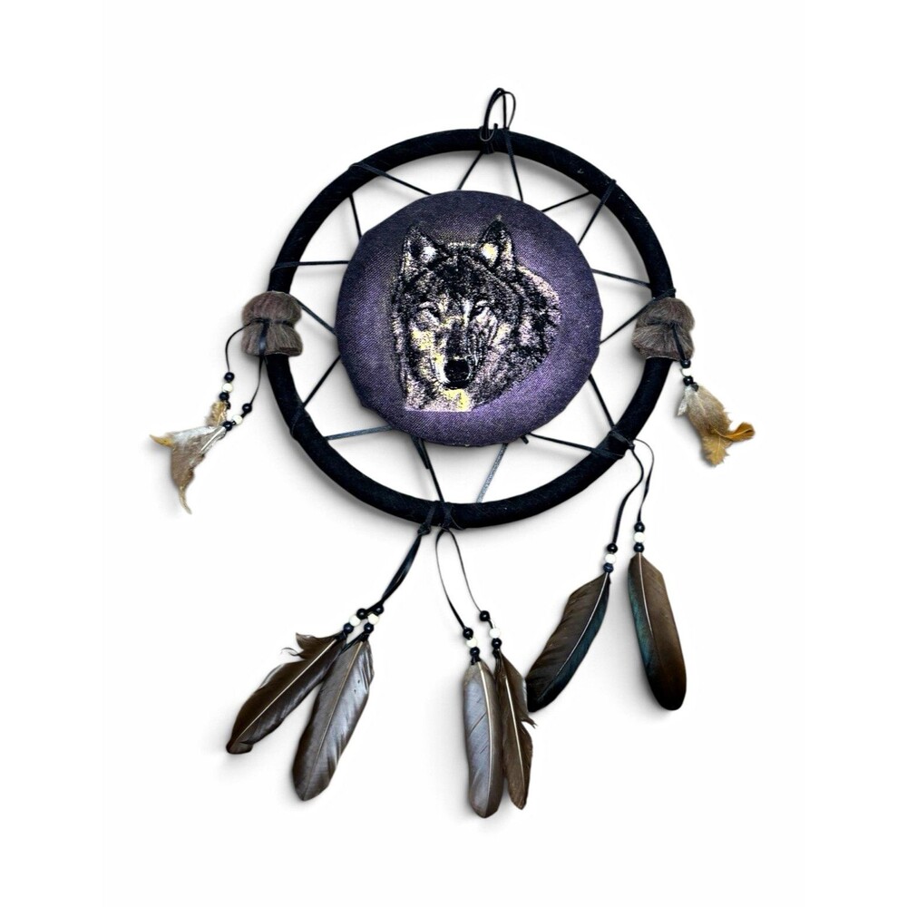 Large Wolf Dreamcatcher Wall Hanging Rustic Boho Decor with Feathers & Faux Fur